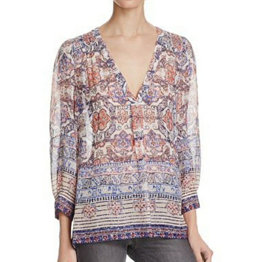 Joie Aceline geo print 100% silk v-neck tunic blouse